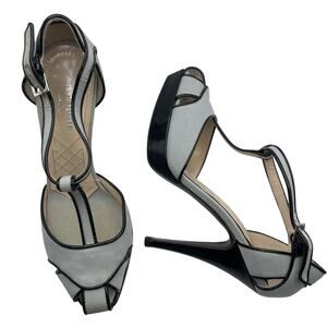 Alberta Ferretti Size 6.5 Patent‎ Leather Canvas High Heels Black Gray Stilettos